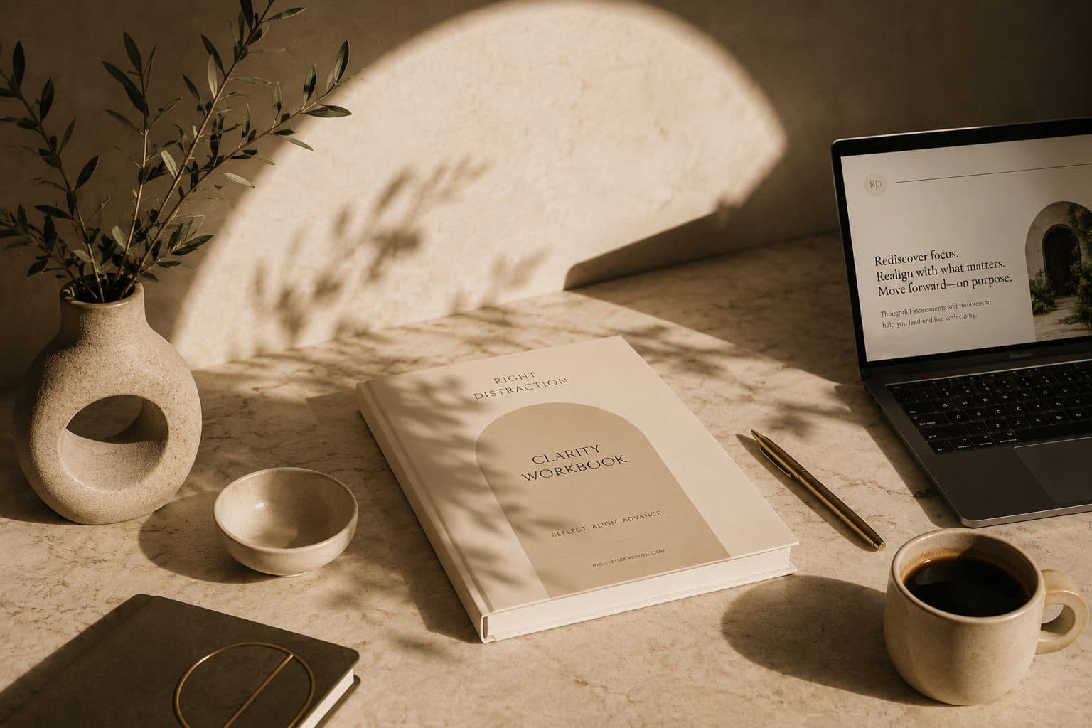 A workbook, journal, and pen in soft window light